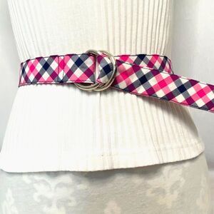 Classic Club Women Fabric Belt Red White Blue Gingham Plaid Double D Ring Buckle